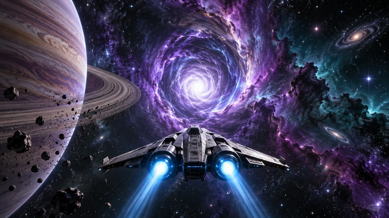 A silver spaceship seen from behind flying toward a swirling violet wormhole beside a ringed planet.