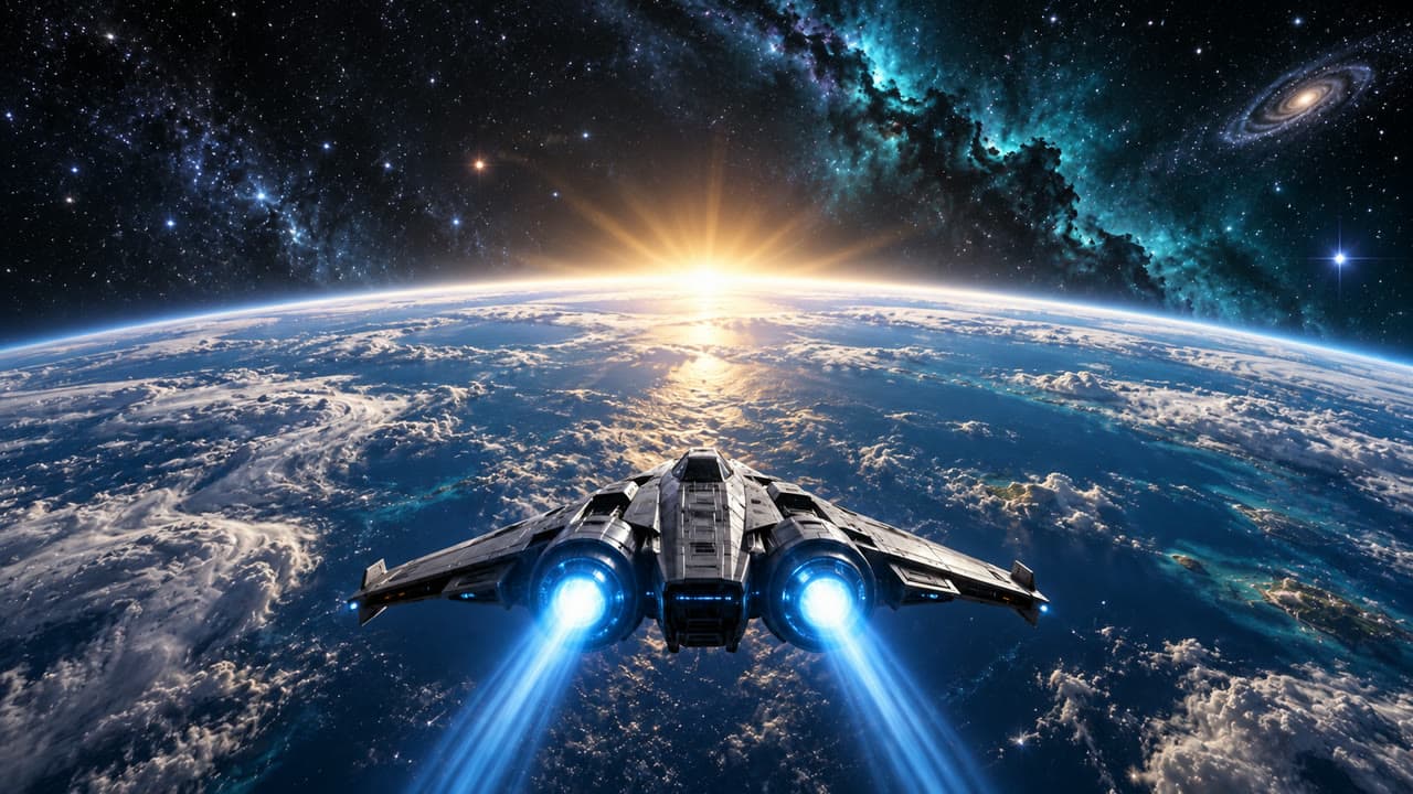 The same spaceship seen from behind above a blue ocean planet as the sun rises over its horizon.