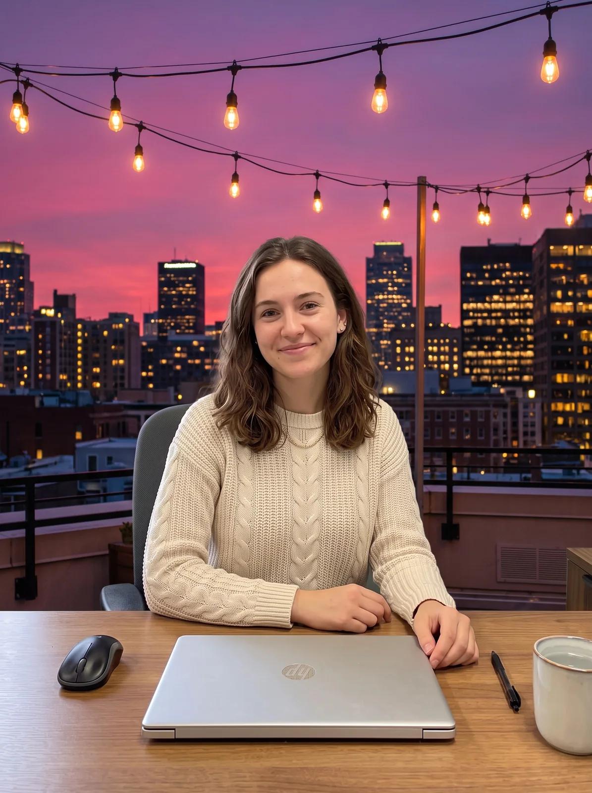 The same woman at the same desk and laptop, now on a rooftop at dusk with city lights and string lights behind her. Edited with Nano Banana Pro.