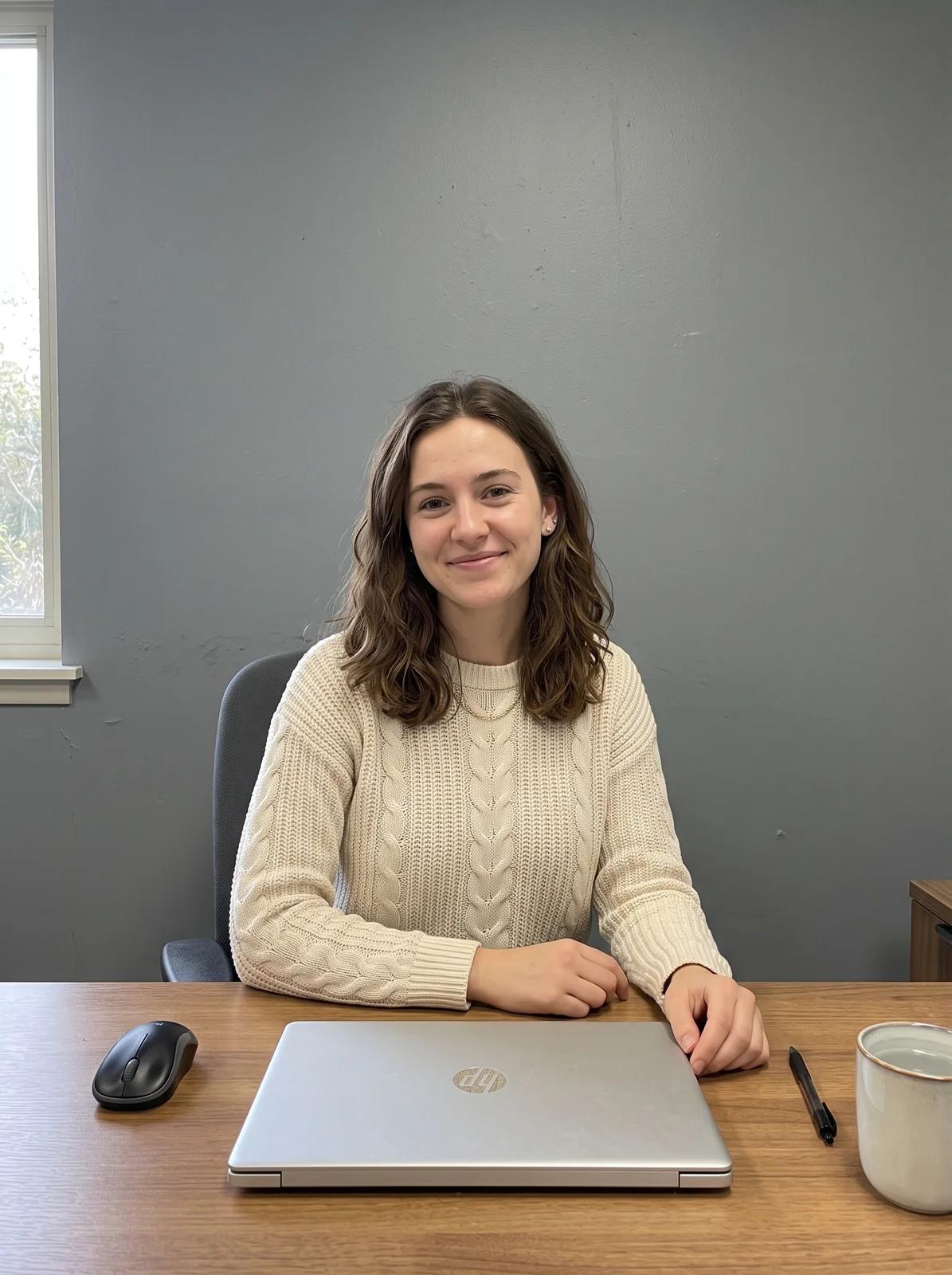 A plain photo of a young woman in a cream sweater at an office desk in front of a grey wall.
