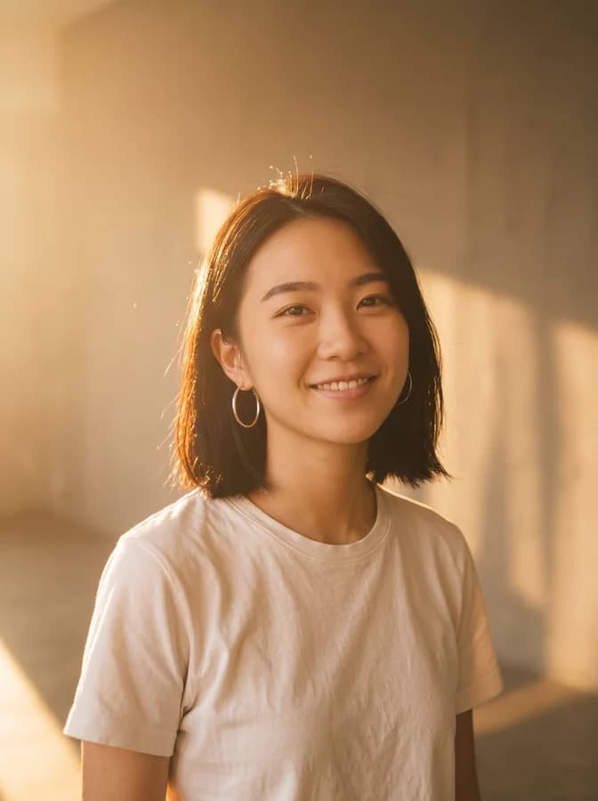 A portrait against a grey wall relit with the editor's Golden hour lighting preset on Nano Banana Pro — warm backlight and haze, the same face and pose.