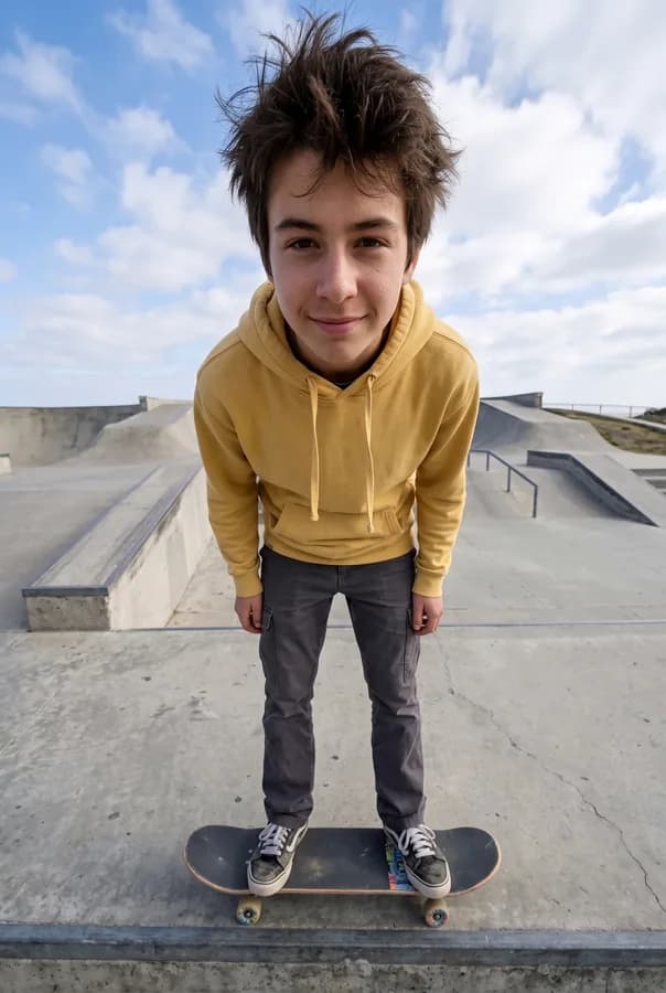 A skateboarder in a yellow hoodie re-shot from a new camera angle with the editor's Low hero preset on Nano Banana Pro — a wide lens close to the ground.