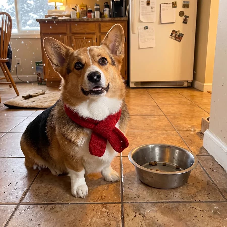 A corgi on a kitchen floor edited with Nano Banana Pro to wear a red knitted scarf, with snow falling outside the window — the same dog, pose and bowl.