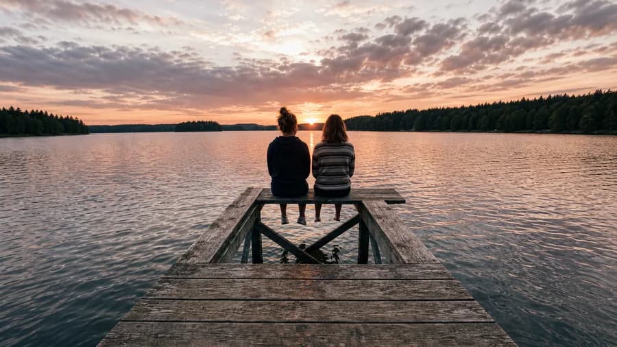 A tight portrait photo of two friends on a pier at sunset expanded to a wide 16:9 view with the editor's Expand tool on GPT Image 2 — the lake and sky painted in on both sides.