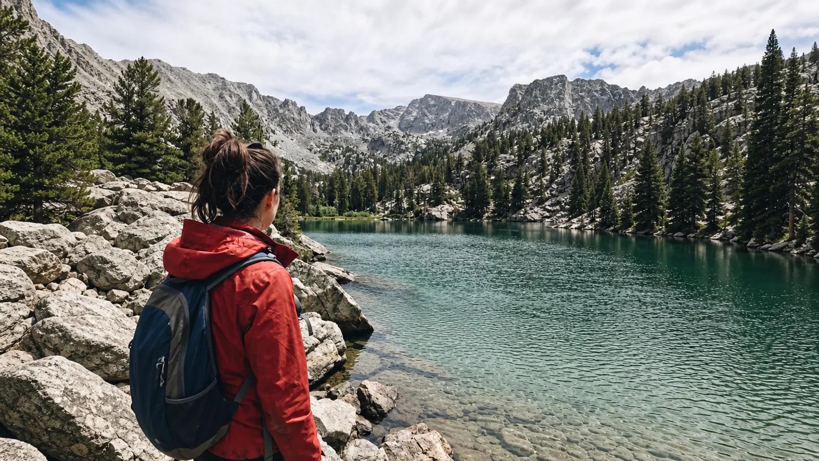 The same hiker in a wide 16:9 view, with the lake, rocks, pines and peaks painted in on both sides. Expanded with GPT Image 2.