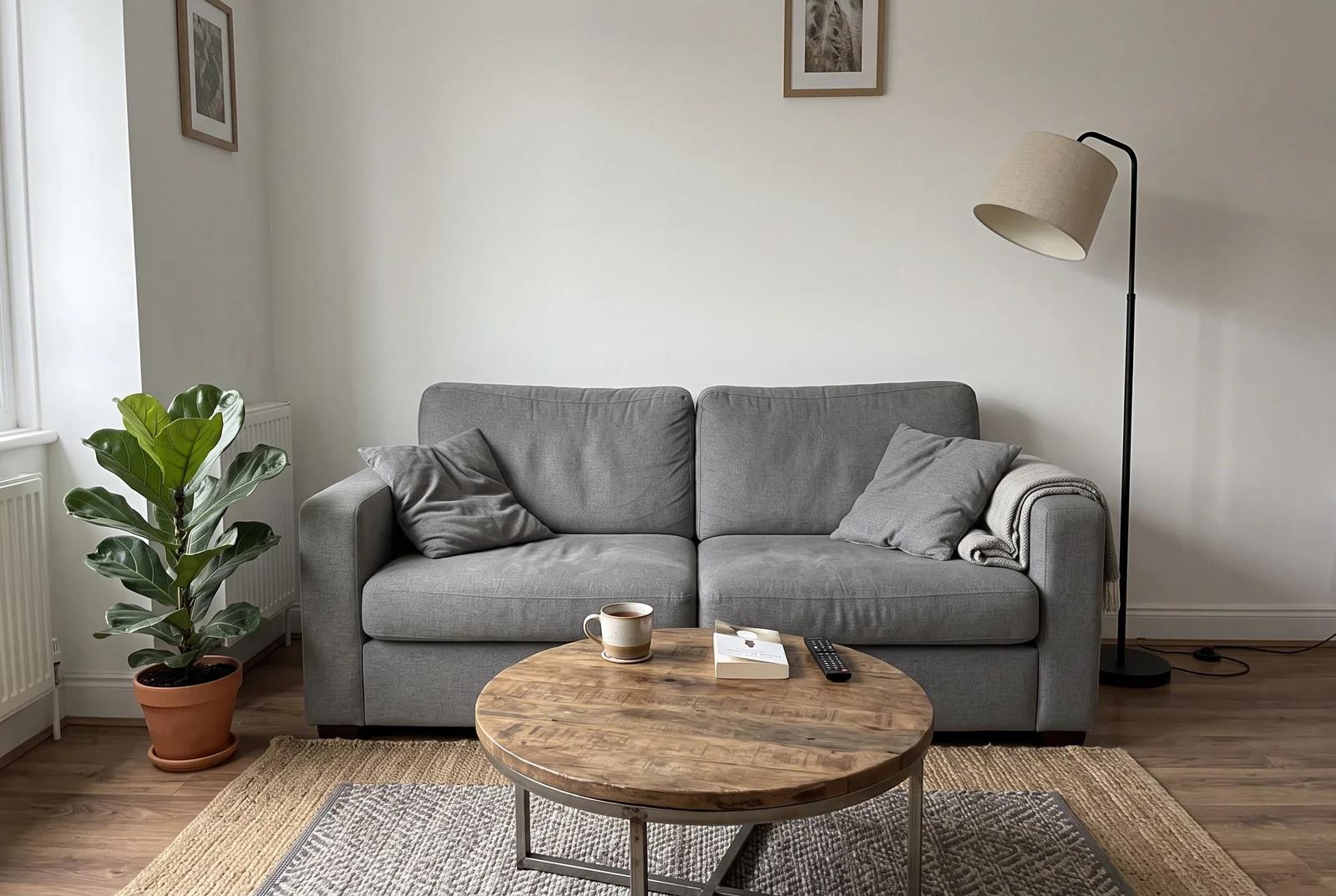 A living room with a grey fabric sofa, a round wooden coffee table, a plant and a floor lamp.