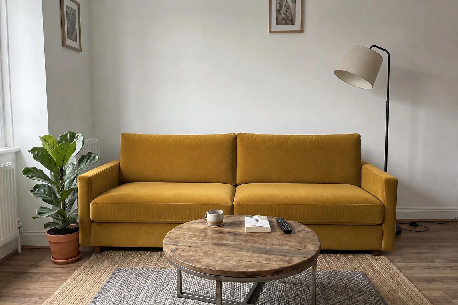 The same living room with a mustard-yellow velvet sofa in place of the grey one. Edited with the brush on GPT Image 2.