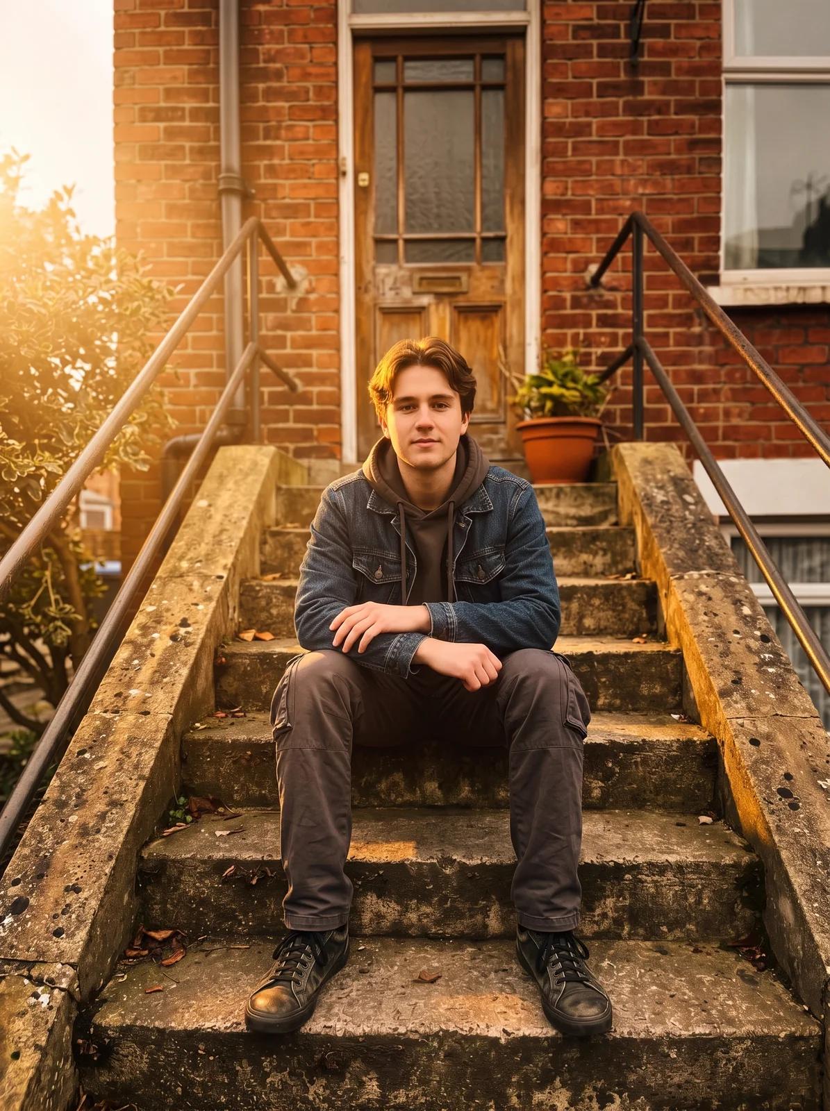 The same man on the steps relit with the Golden hour preset: warm backlight and haze. Edited with Nano Banana Pro.
