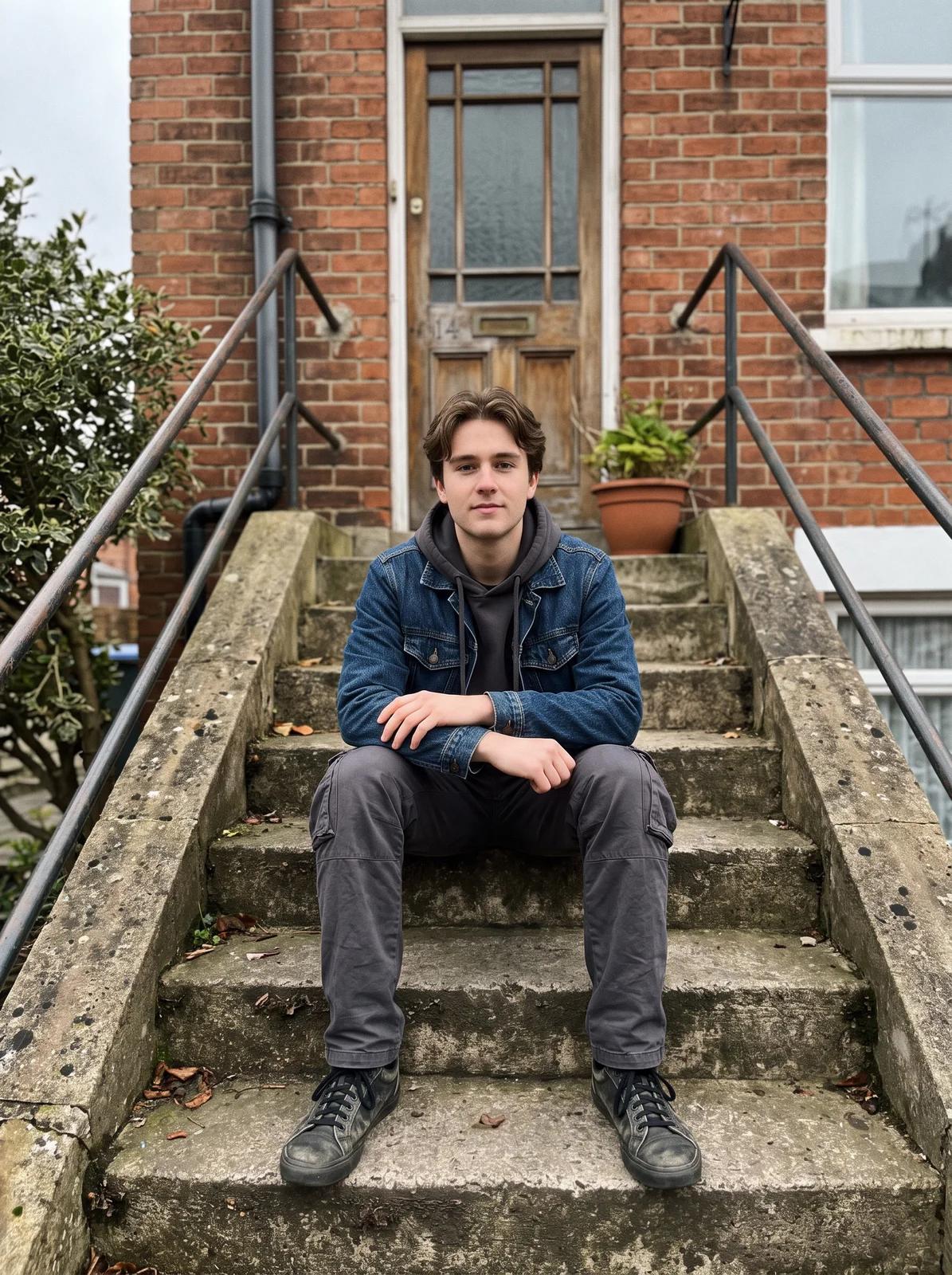 A young man in a denim jacket sitting on concrete steps outside a brick building on an overcast day.