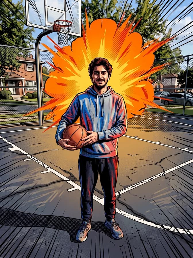A photo of a man holding a basketball on an outdoor court, turned into a comic book illustration with Nano Banana 2 — ink outlines, halftone shading and an orange burst behind him.