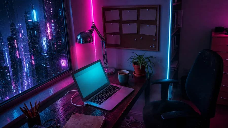 A daytime photo of a bedroom desk changed with GPT Image 2 into a cyberpunk night scene — neon towers outside the window, magenta and cyan light on the same desk and laptop.