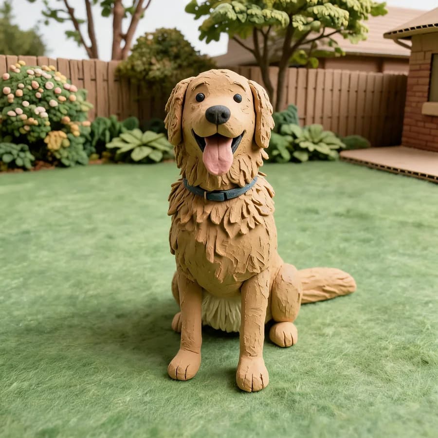 A photo of a golden retriever in a backyard turned into a claymation character with Seedream 5 — same pose, on a handmade miniature lawn.
