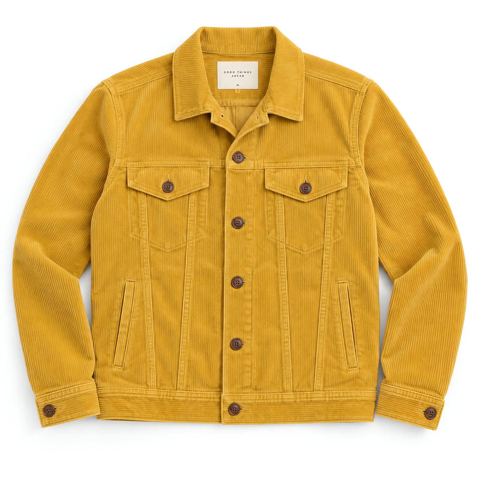 A mustard-yellow corduroy jacket laid flat on white.