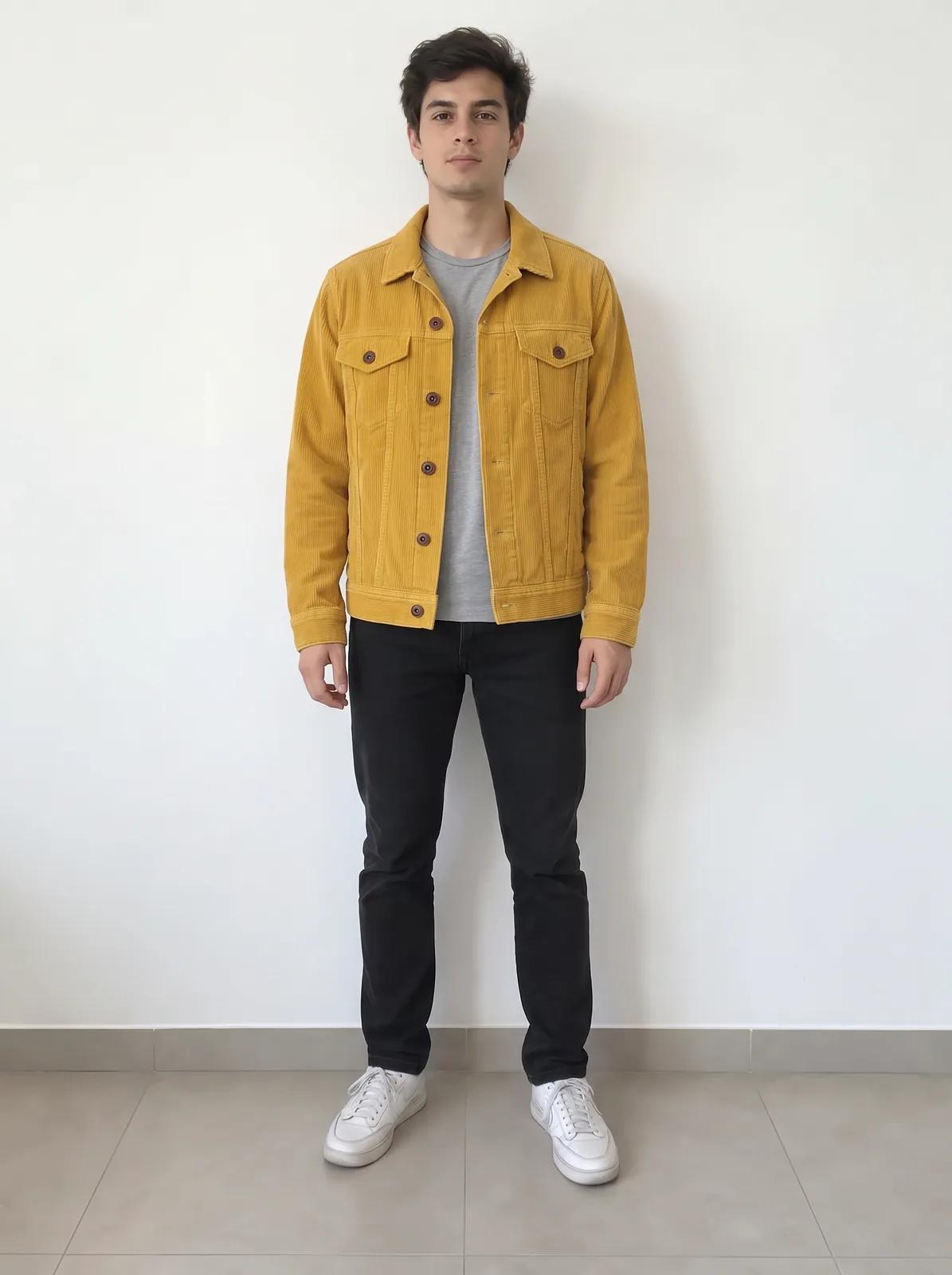 The same man now wearing the mustard corduroy jacket open over his grey t-shirt, same pose and wall. Made with Nano Banana 2.