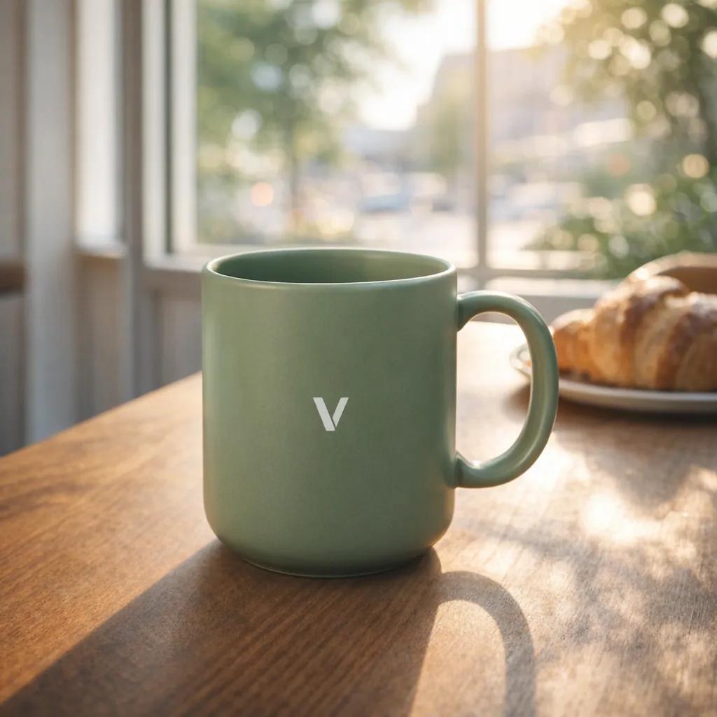 The green V mug on a sunlit wooden window table, a croissant blurred behind it. Made with GPT Image 1.5.