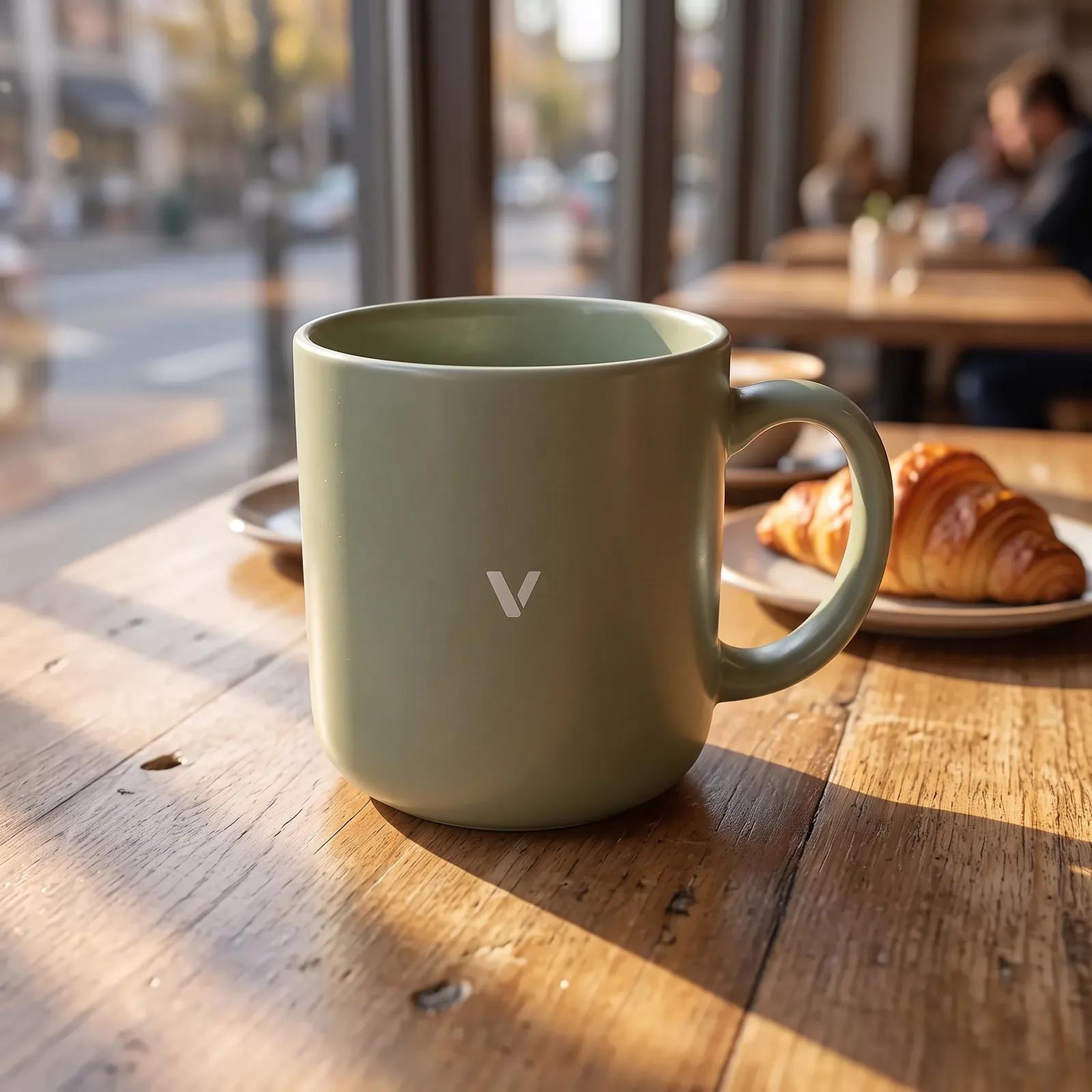 The green V mug on a wooden cafe table in morning sun, croissants behind. Made with Nano Banana 2.