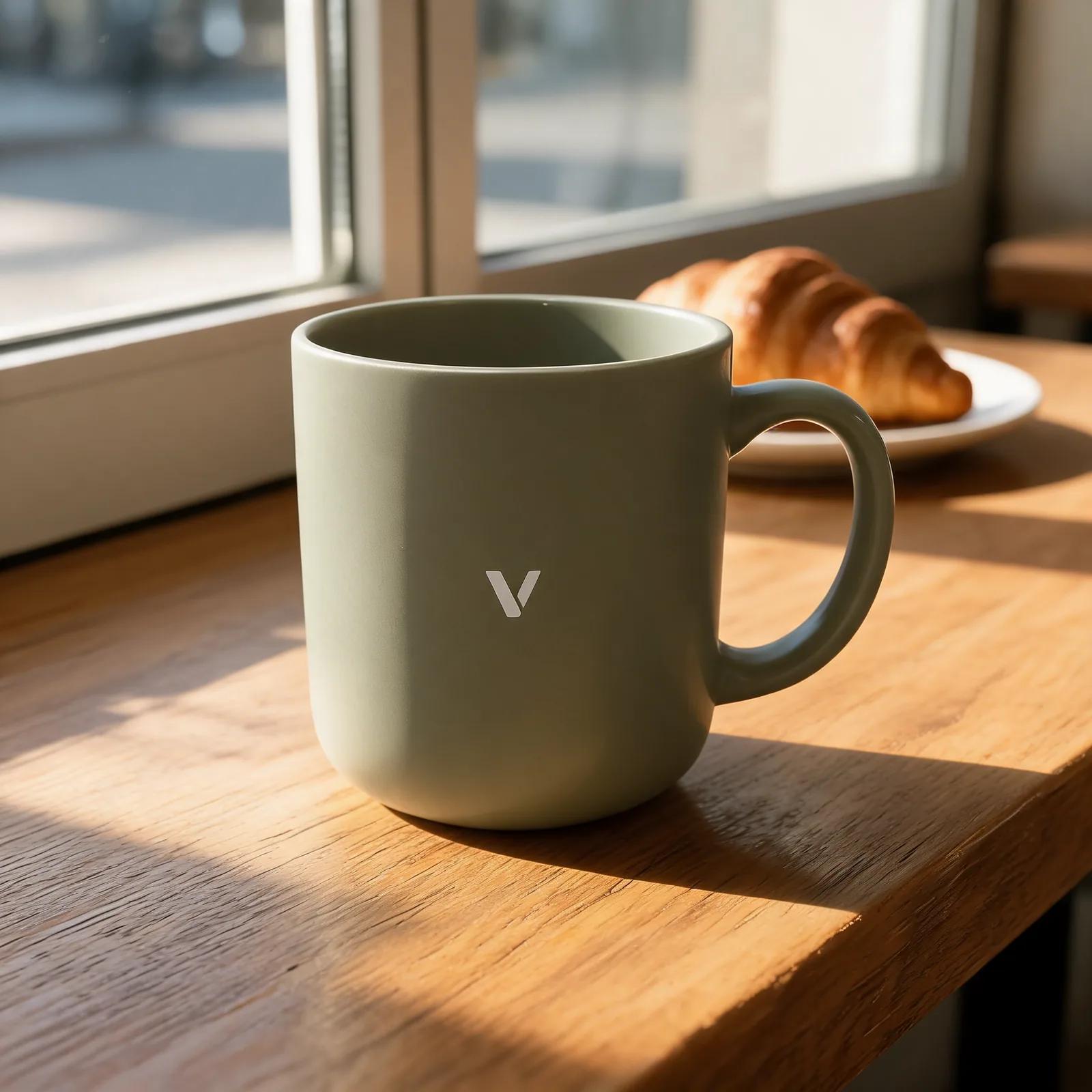 The green V mug on a wooden table by a bright cafe window with a croissant on a plate. Made with Seedream 5.0 Lite.