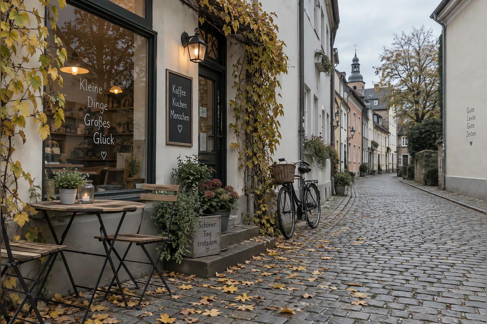 An ordinary photo of a quiet cobbled street with a cafe and a bicycle on a grey autumn afternoon.