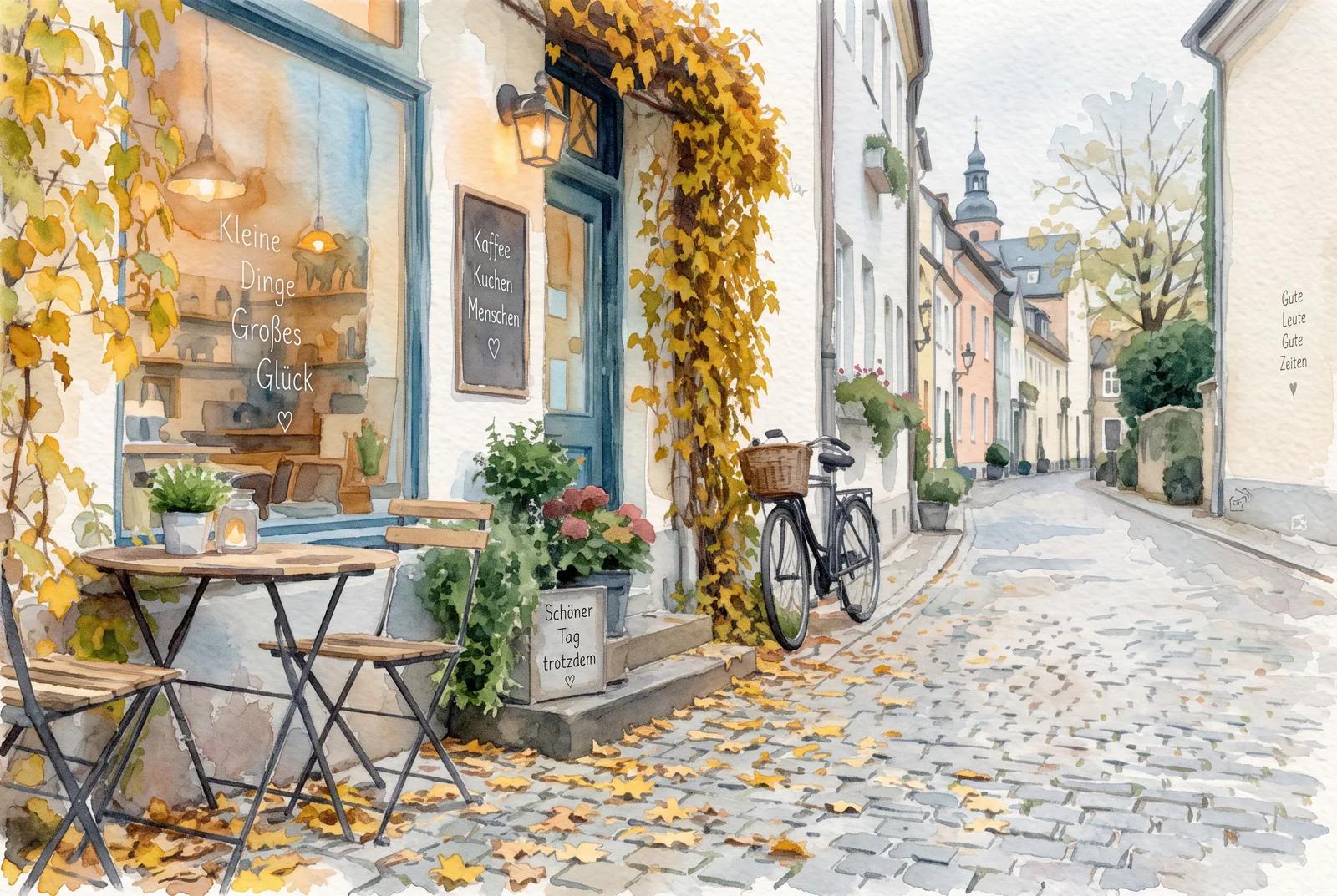 The cafe street redrawn as a loose watercolor painting on textured paper. Made with Nano Banana 2.