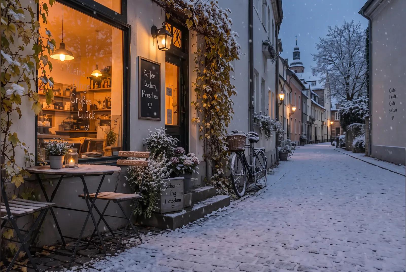 The same street on a snowy evening, snow on the cobblestones and the bicycle, warm light in the cafe windows. Made with Nano Banana 2.