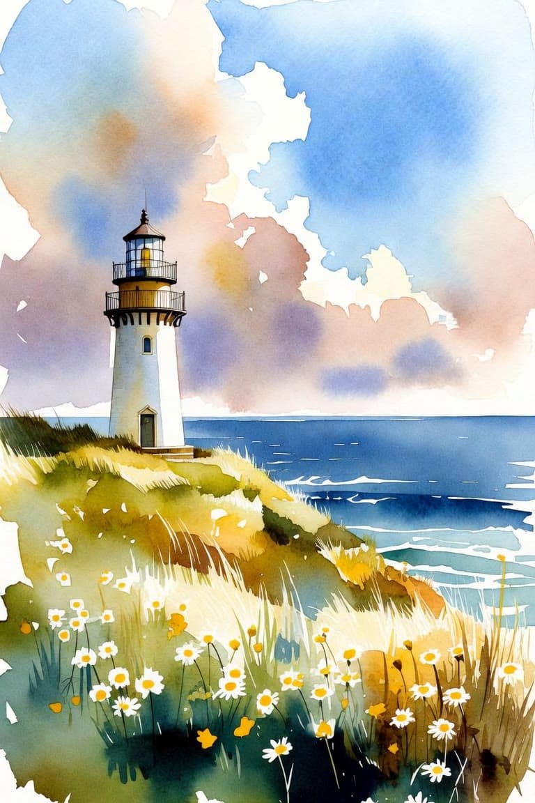 A watercolor painting of a white lighthouse on a grassy cliff above a blue sea, with wildflowers in front.