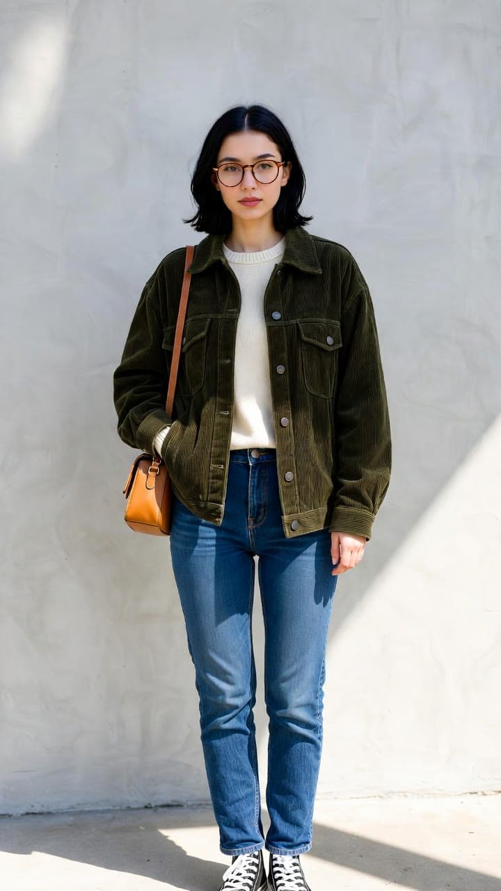 A full-length photo of a young woman in round glasses, a green corduroy jacket and jeans, carrying a tan leather bag.