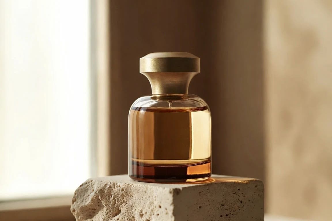 A studio photo of an amber perfume bottle with a gold cap on a travertine stone block.