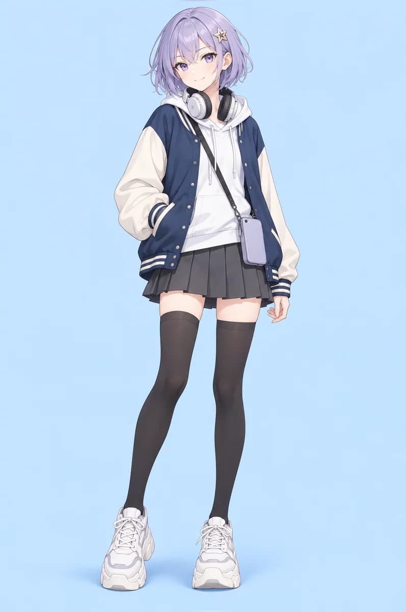 Anime illustration of a girl with a lavender bob in a navy and cream varsity jacket, pleated skirt, thigh-high socks and white platform sneakers.