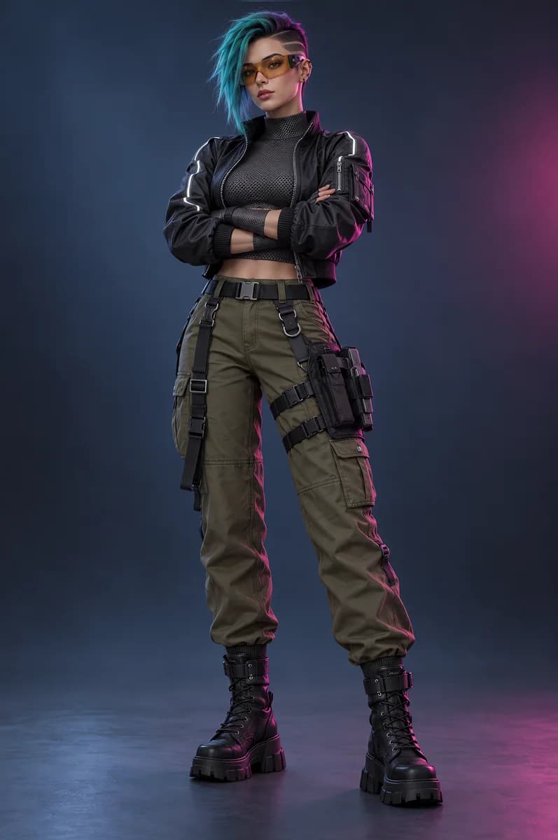 3D render of a cyberpunk mercenary with a teal undercut in a cropped black bomber, mesh top, olive cargo trousers with straps and combat boots.