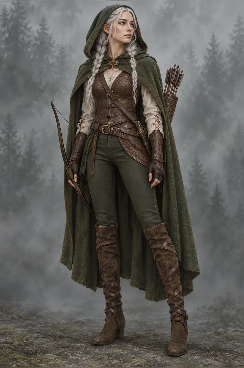 Painted elven ranger with silver braids in a moss-green hooded cloak, leather corset vest, green leggings and strapped suede boots.