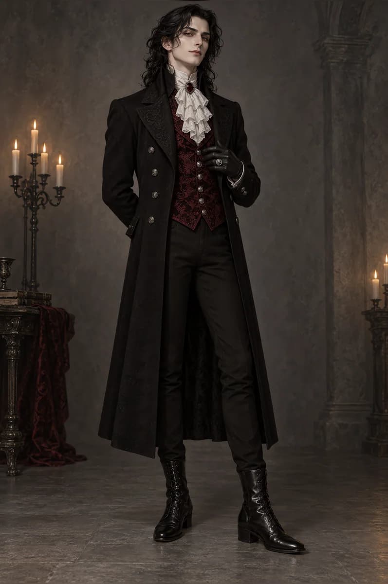Painted gothic Victorian aristocrat in a long black frock coat, oxblood brocade waistcoat, white ruffled cravat and black lace-up boots.