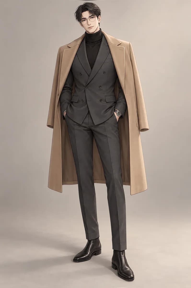 Webtoon-style man in a charcoal double-breasted suit and black turtleneck, a camel overcoat over his shoulders and Chelsea boots.