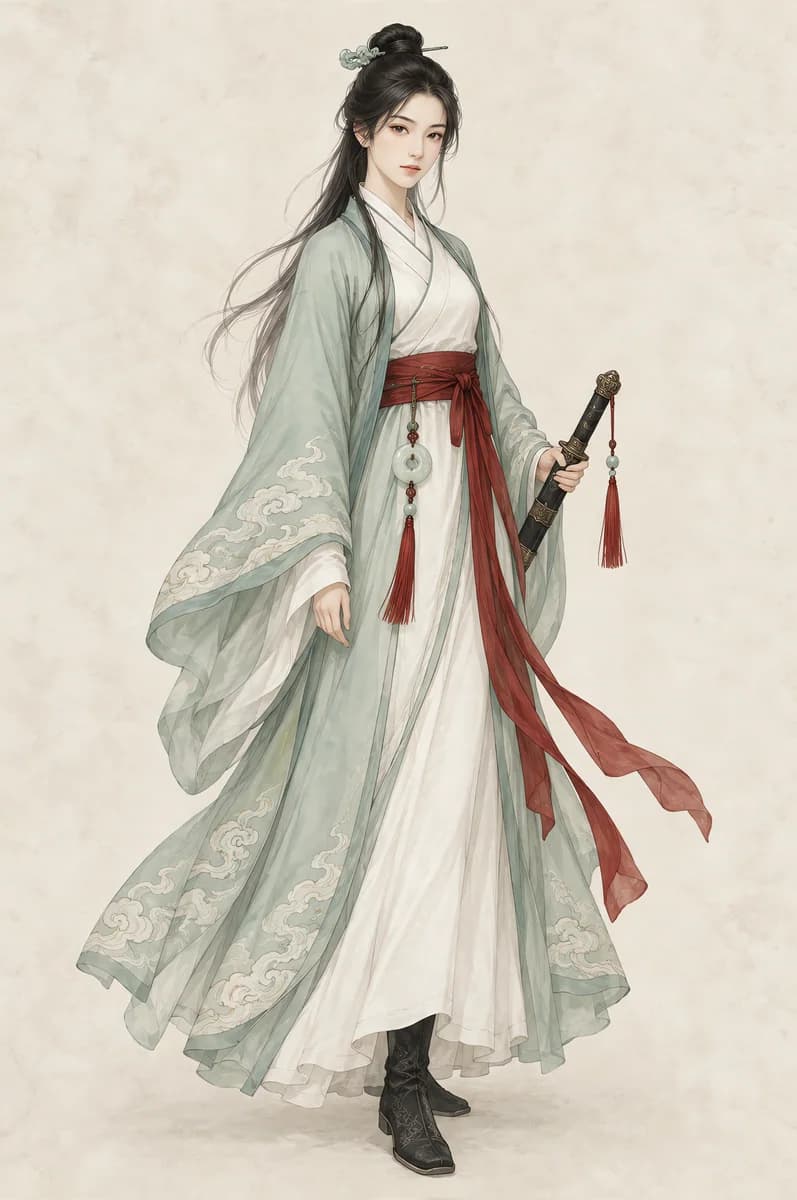 Chinese ink illustration of a swordswoman in layered white and pale celadon hanfu with a crimson sash, jade pendant and a sheathed sword.