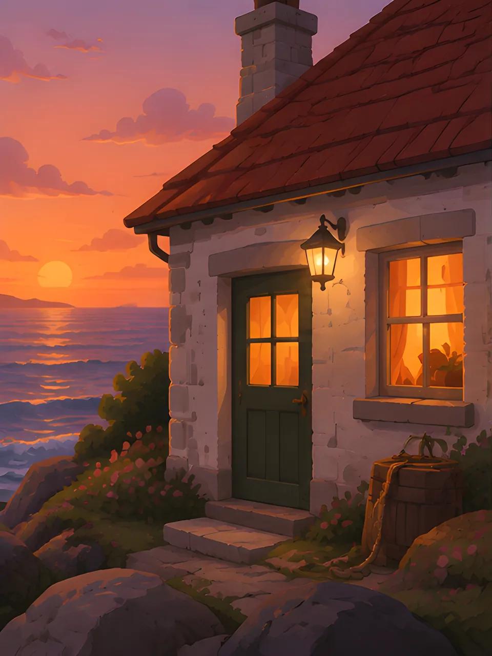 Close-up of a stone cottage with a glowing window and a lantern at sunset, storybook illustration. Made with Vormly Basic.