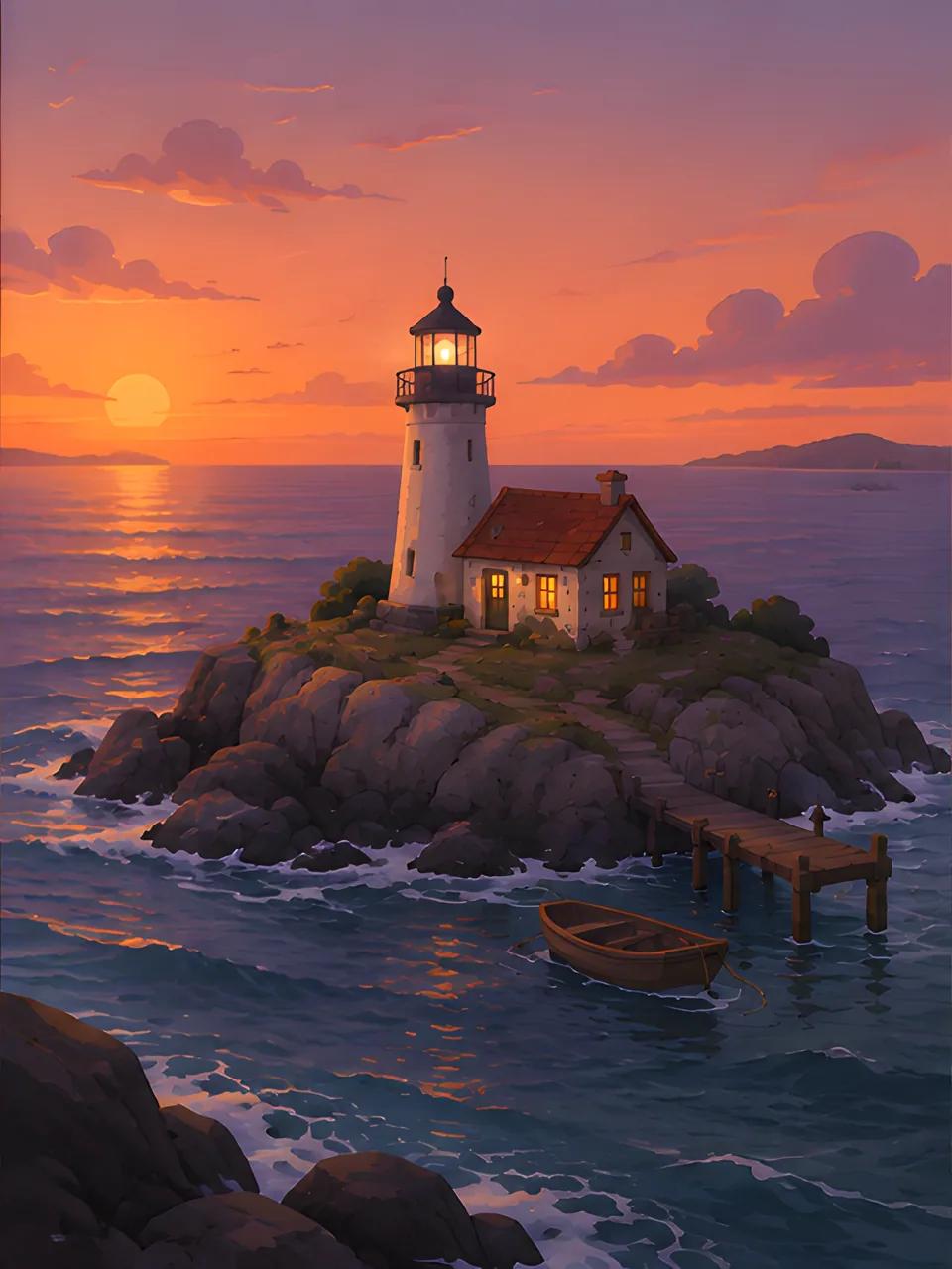 A lighthouse and cottage on a rocky island at sunset, a rowing boat by the jetty. Made with Vormly Basic.