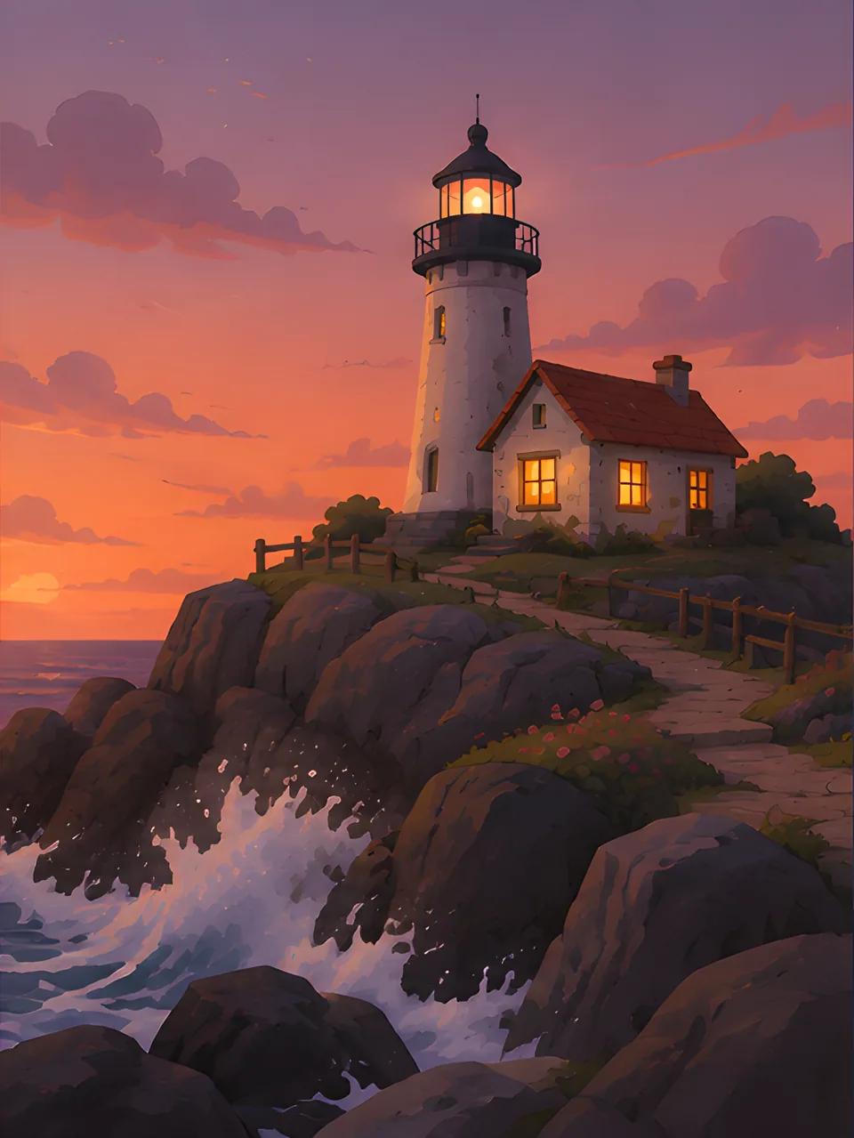 Waves breaking on the rocks below a lighthouse and cottage at dusk. Made with Vormly Basic.