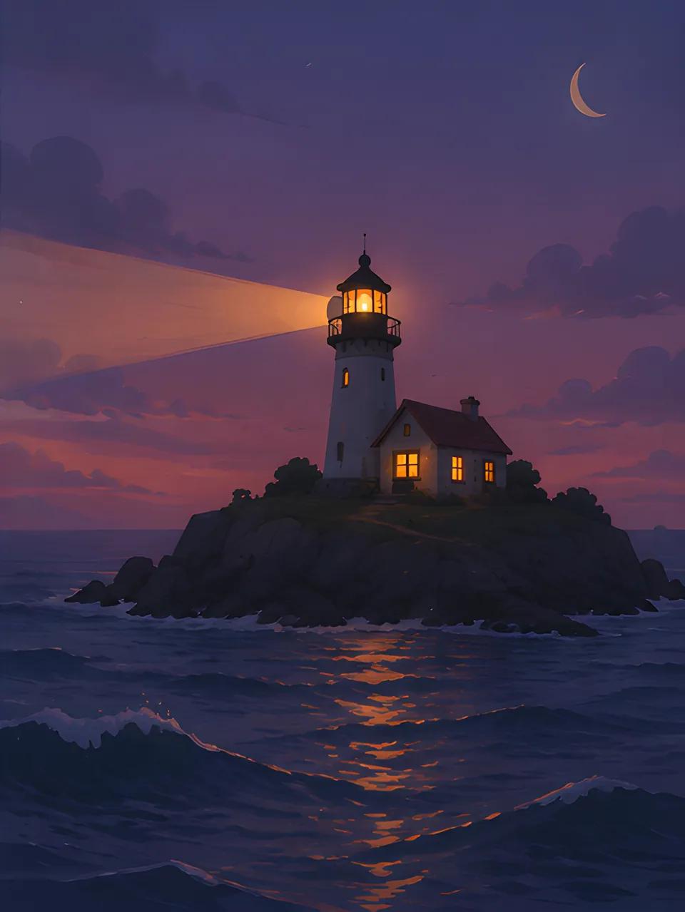 The lighthouse beam sweeping over the sea at night under a crescent moon. Made with Vormly Basic.