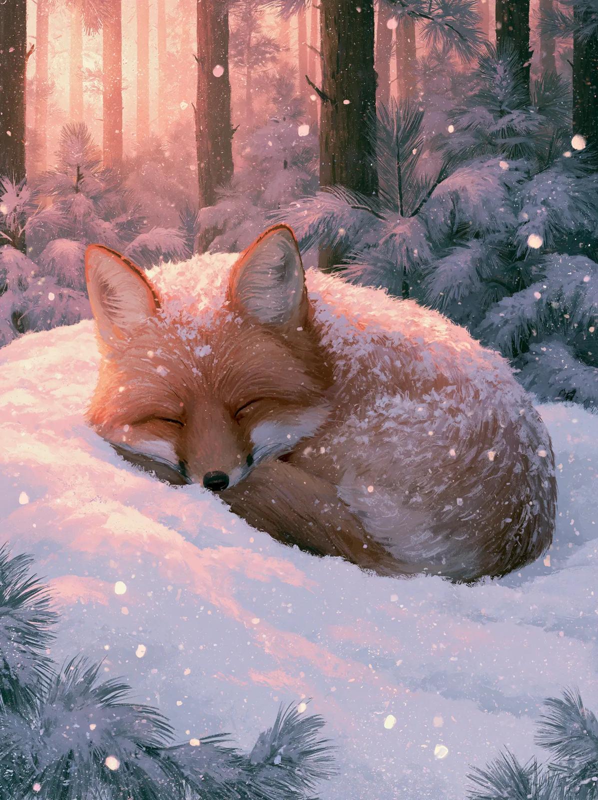 A painted-looking red fox asleep in snow under pink dawn light between pines. Made with Midjourney v8.1.
