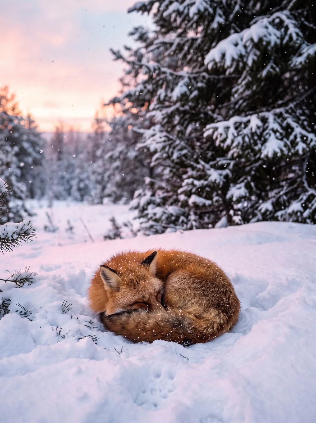A photograph of a small red fox curled up in deep snow at the edge of a pine forest at dawn. Made with Nano Banana 2.