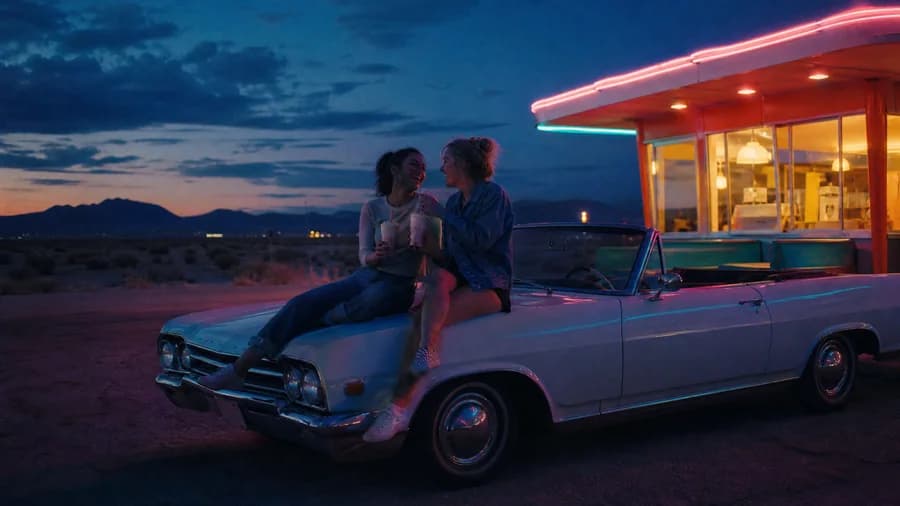 A cinematic film still made from a text prompt with GPT Image 2 — two friends on the hood of a vintage convertible outside a neon-lit desert diner at blue hour.