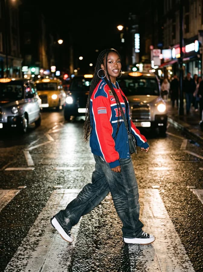 A flash street-style photo made from a text prompt with Nano Banana 2 — a young woman with box braids in a racing jacket crossing a wet city street at night.