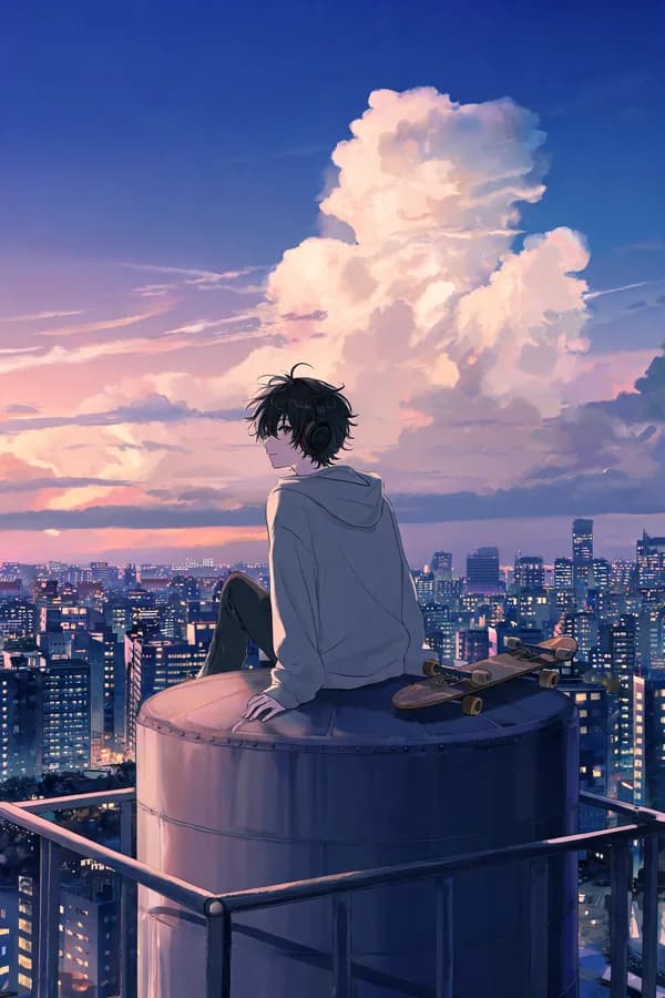 An anime illustration made from a text prompt with Seedream 5 — a boy sitting on a rooftop water tank with his skateboard, under towering sunset clouds above a city.