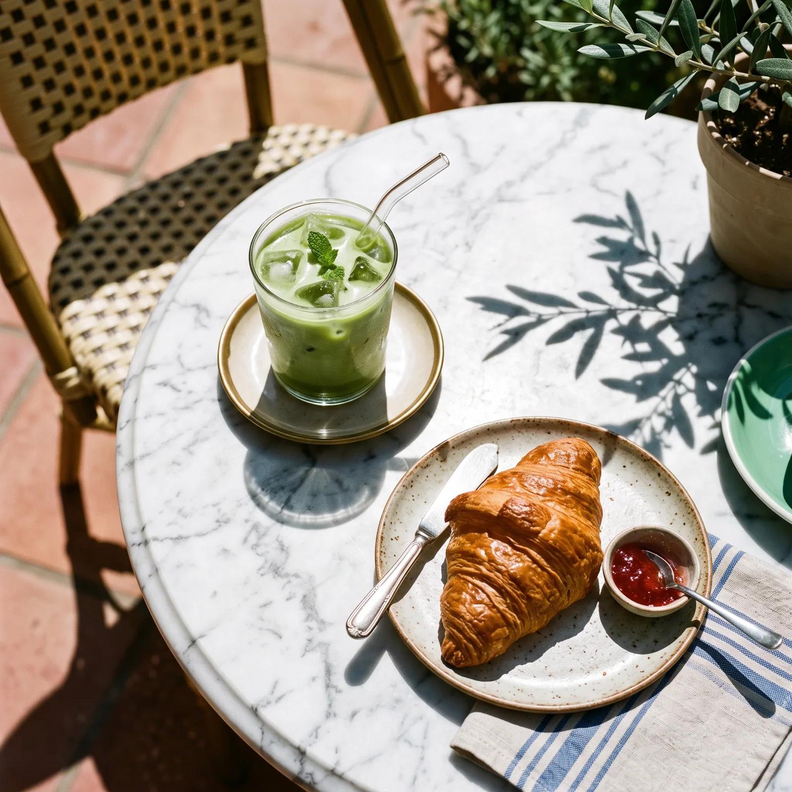 A square overhead photo of an iced matcha latte and a croissant on a marble cafe table in hard sunlight. Made with Nano Banana 2.