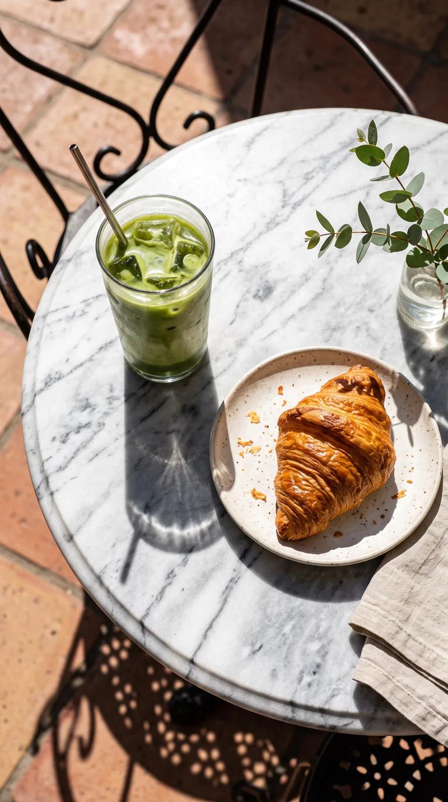 A vertical overhead photo of an iced matcha latte and a croissant on a round marble cafe table with sharp shadows. Made with Nano Banana 2.