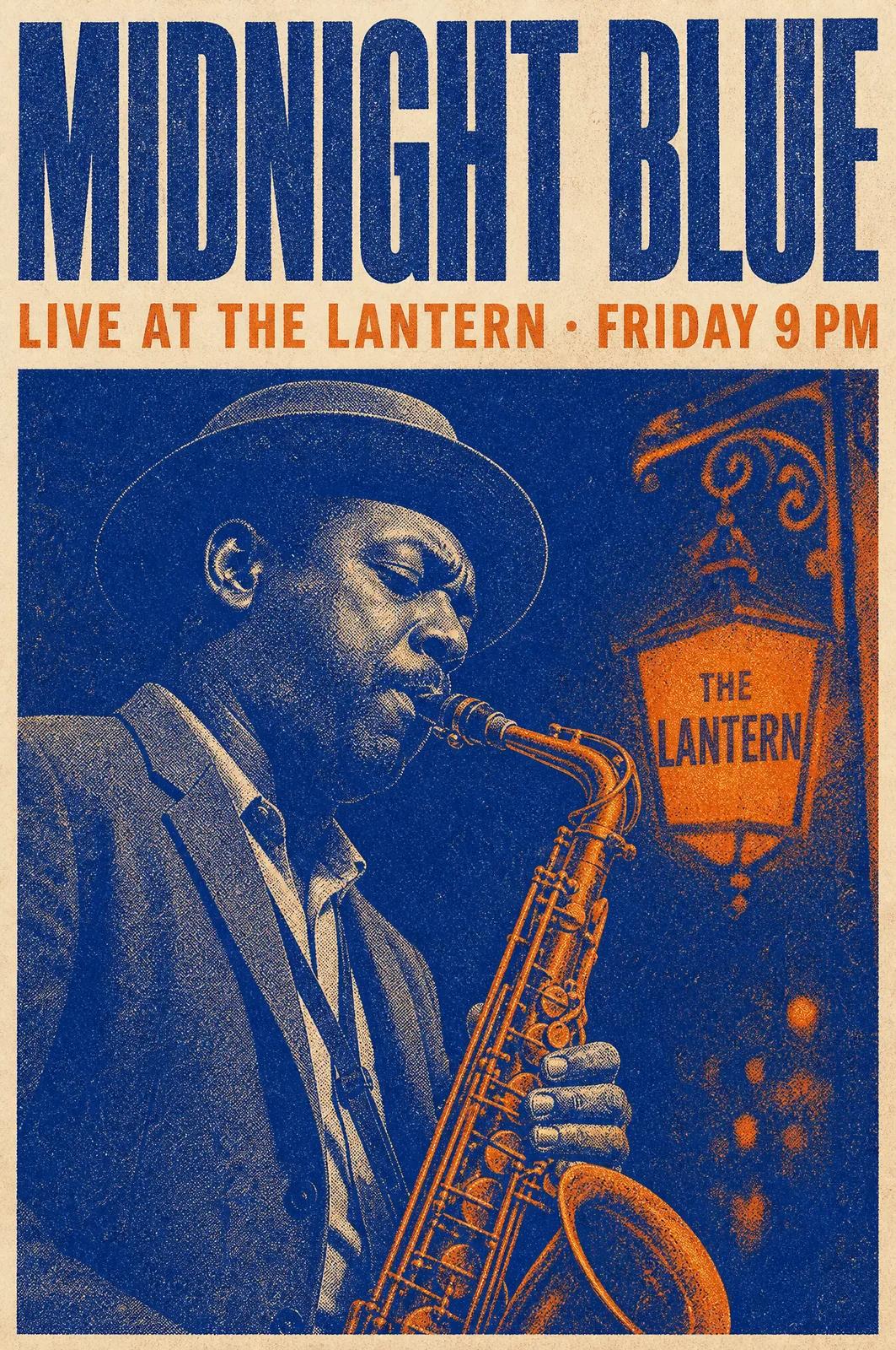A blue and orange risograph poster reading MIDNIGHT BLUE, Live at The Lantern, Friday 9 PM, with a saxophone player under a lantern sign. Made with GPT Image 2.