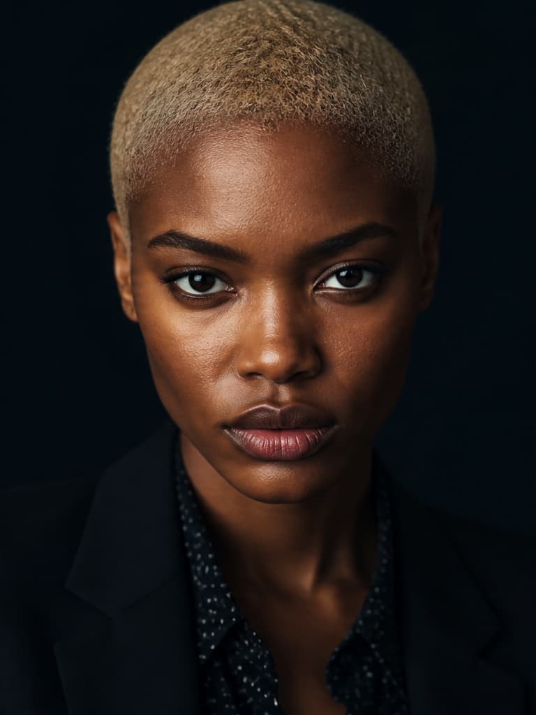 A close-up, head-and-shoulders portrait of a young Black woman with a very short, bleached blonde buzz cut. She has dark, expressive eyes and is looking directly at the viewer with a serious, intense 