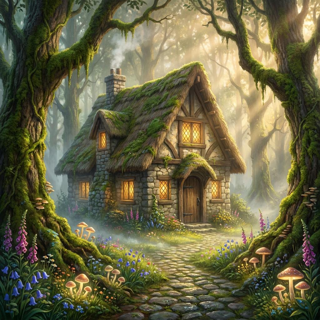 masterpiece, best quality, highly detailed, a cozy stone cottage nestled among ancient mossy trees, glowing warm windows, steep thatched roof, chimney with faint smoke, morning mist swirling through t