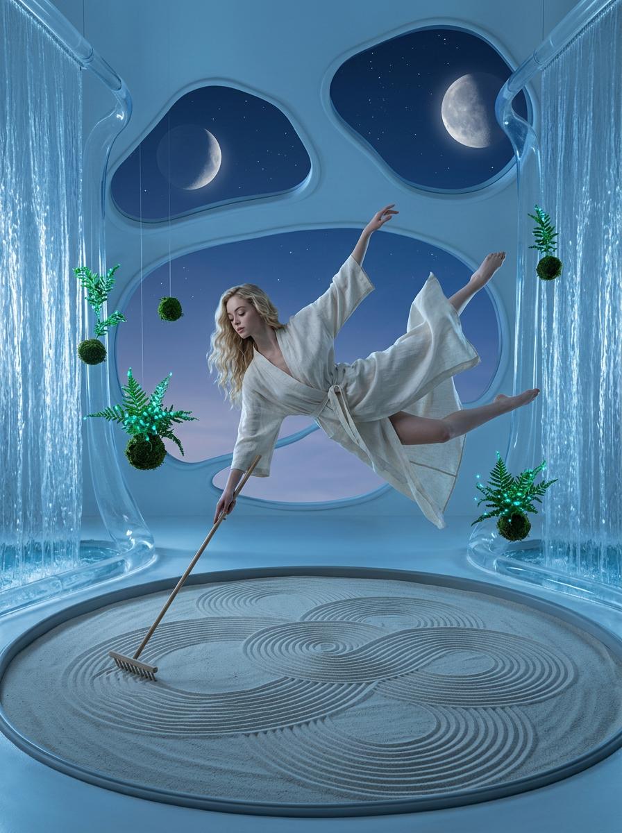Tending to a zen garden within a futuristic floating temple. Wearing elegant linen robes, floating, arm outstretched, legs extending elegantly, pointing upward, raking the sand into mesmerizing patter