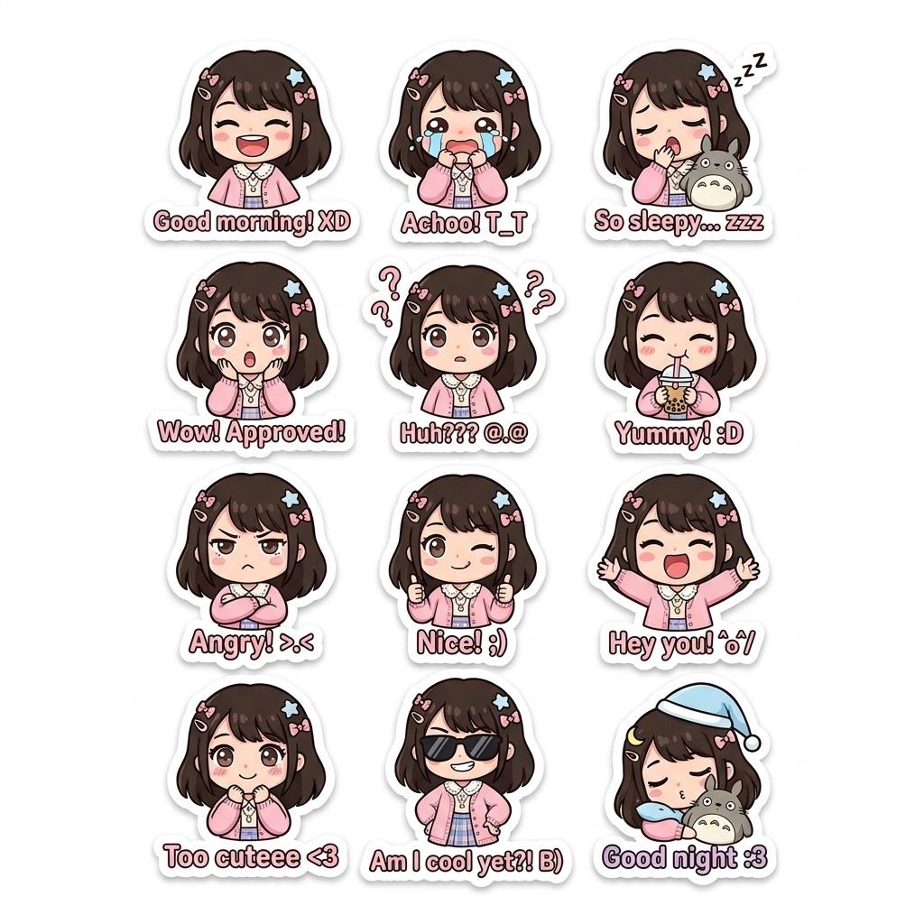 Using the uploaded photograph, create a cute illustrated chibi sticker-pack. Clean, white background, vertical output with a thick white border. Create diverse cute expressions: laughing, crying, slee